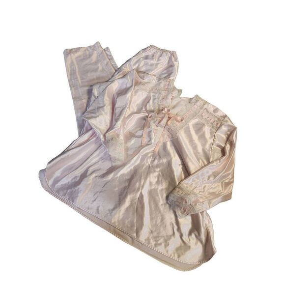 80s Vintage Deadstock Satin Lace Avon Pj Set Pale Pink Bow Size Small - Picture 1 of 8